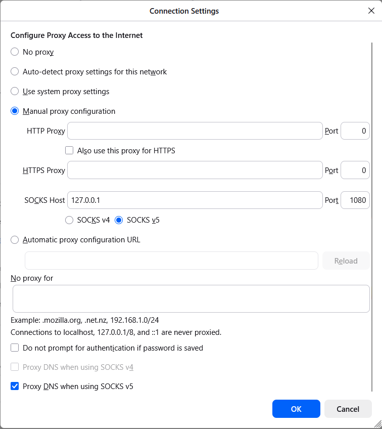 Firefox connection settings configured to use the SSH SOCKS proxy on localhost port 1080.