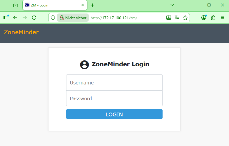 The ZoneMinder web interface on the videoserver, accessed through the SOCKS proxy tunnel.